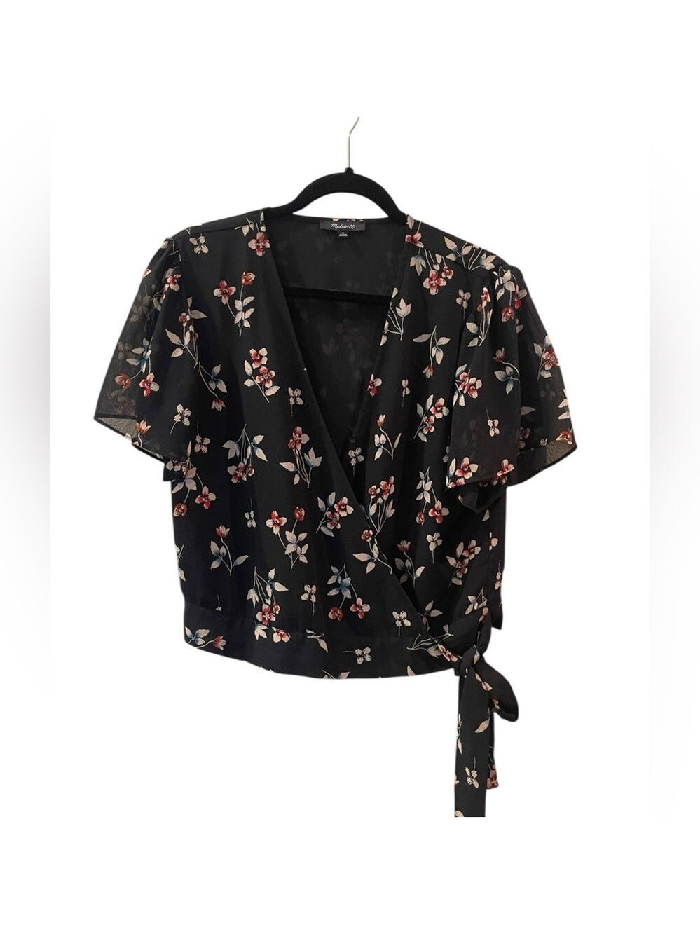 Madewell Women’s True Black Botanical Print Wrap Top Shirt Blouse Size Medium